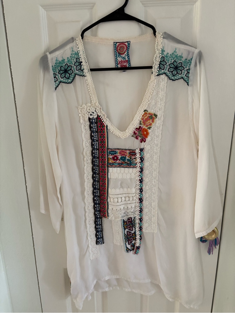 Johnny Was Cream Embroidered V-Neck Tunic with Teal & Red Accents